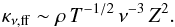 Mathematical equation: \begin{equation} \kappa_{\nu, \rm ff} \sim \rho\, T^{-1/2}\, \nu^{-3}\, Z^2. \end{equation}
