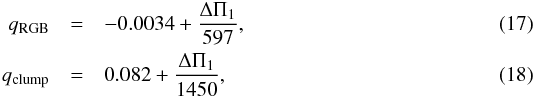 Mathematical equation: \begin{eqnarray} q\ind{RGB} &=& -0.0034 + {\Tg \over 597}, \\ q\ind{clump}&=& 0.082 + {\Tg \over 1450}, \end{eqnarray}