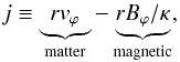 Mathematical equation: \begin{equation} j \equiv \underbrace{r v_{\varphi}}_\text{matter} - \underbrace{r B_{\varphi}/\kappa}_\text{magnetic}, \label{eqn:split_angm} \end{equation}