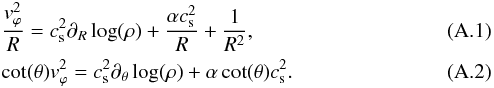 Mathematical equation: \appendix \setcounter{section}{1} \begin{eqnarray} &&\frac{v_{\varphi}^2}{R} = c_{\rm s}^2 \partial_R \log (\rho) + \frac{\alpha c_{\rm s}^2}{R} + \frac{1}{R^2}, \label{eqn:mom_r}\\ &&\cot(\theta) v_{\varphi}^2 = c_{\rm s}^2 \partial_{\theta} \log (\rho) + \alpha \cot(\theta) c_{\rm s}^2. \label{eqn:mom_theta} \end{eqnarray}
