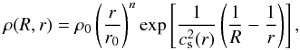 Mathematical equation: \appendix \setcounter{section}{1} \begin{equation} \rho (R,r) = \rho_0 \left( \frac{r}{r_0} \right)^n \exp\left[ \frac{1}{c^2_{\rm s}(r)} \left( \frac{1}{R} - \frac{1}{r} \right) \right], \label{eqn:rho}\\ \end{equation}