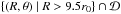Mathematical equation: \hbox{$\left\lbrace (R,\theta) \mid R > 9.5 r_0\right\rbrace \cap \mathcal{D}$}