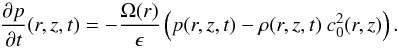 Mathematical equation: \appendix \setcounter{section}{3} \begin{equation} \frac{\partial p}{\partial t}(r,z,t) = - \frac{\Omega(r)}{\epsilon} \left( p(r,z,t) - \rho(r,z,t) \:c_0^2(r,z) \right). \end{equation}