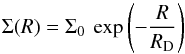 Mathematical equation: \begin{equation} \Sigma (R) = \Sigma_0 \: \exp\left(-\frac{R}{R_{\rm D}}\right) \end{equation}