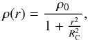 Mathematical equation: \begin{equation} \rho (r) = \frac{\rho_0}{1+\frac{r^2}{R_{\rm C}^2}}, \end{equation}