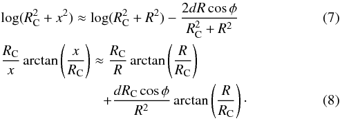 Mathematical equation: \begin{eqnarray} && \log(R_{\rm C}^2+x^2) \approx \log(R_{\rm C}^2+R^2) -\frac{2dR\cos\phi}{R_{\rm C}^2+R^2} \\ && \frac{R_{\rm C}}{x}\arctan\left(\frac{x}{R_{\rm C}}\right) \approx \frac{R_{\rm C}}{R}\arctan\left(\frac{R}{R_{\rm C}}\right)\nonumber\\ &&\hspace*{2.5cm} +\frac{d R_{\rm C} \cos\phi}{R^2}\arctan\left(\frac{R}{R_{\rm C}}\right) \cdot \end{eqnarray}