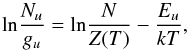 Mathematical equation: \begin{equation} \label{Eq:1} {\rm ln}\frac{N_{u}}{g_{u}}={\rm ln}\frac{N}{Z(T)}-\frac{E_{u}}{kT}, \end{equation}