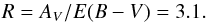 Mathematical equation: \begin{equation} \label{red2} R= A_{V}/E(B-V)= 3.1 . \end{equation}