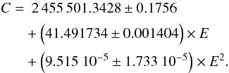 Mathematical equation: \begin{eqnarray} \label{linearmodel} \begin{split} C = & \ \ 2\,455\,501.3428 \pm 0.1756 \\ & + \Bigl( 41.491734 \pm 0.001404 \Bigr) \times E \\ & + \Bigl( 9.515\ 10^{-5} \pm 1.733 \ 10^{-5} \Bigr) \times E^2. \\ \end{split} \end{eqnarray}