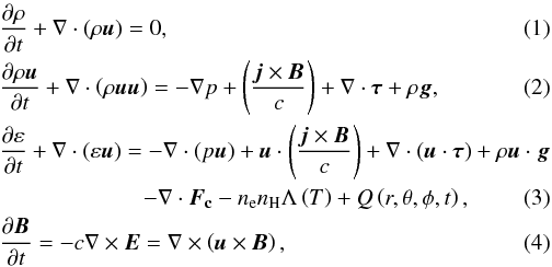 Mathematical equation: \begin{eqnarray} &&\frac{\partial \rho}{\partial t}+ \nabla\cdot\left( \rho \vec{ u } \right) = 0, \label{eq:MassCon} \\ &&\frac{\partial \rho\vec{ u }}{\partial t}+ \nabla \cdot \left( \rho \vec{ u }\vec{ u } \right) = -\nabla p +\left( \frac{\vec{j}\times\vec{B}}{c} \right) +\nabla\cdot\vec{\tau} +\rho \vec{g}, \label{eq:MomCon} \\ && \frac{\partial \varepsilon}{\partial t}+ \nabla \cdot \left( \varepsilon \vec{u} \right) = -\nabla\cdot\left(p\vec{u} \right) +\vec{u}\cdot\left(\frac{\vec{j}\times\vec{B}}{c}\right) +\nabla\cdot\left(\vec{u}\cdot\vec{\tau}\right) +\rho\vec{u}\cdot\vec{g}\nonumber\\ &&\qquad\qquad\qquad\,\,-\nabla\cdot\vec{F_{\rm c}} -n_{\rm e}n_{\rm H}\Lambda\left( T \right) +Q\left( r,\theta,\phi,t \right), \label{eq:EneCon} \\ &&\frac{\partial \vec{B}}{\partial t}=-c\nabla\times\vec{E}=\nabla\times\left(\vec{u}\times\vec{B}\right), \label{eq:InductionEq} \end{eqnarray}