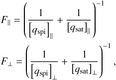 Mathematical equation: \begin{eqnarray} \begin{split} &F_{\parallel} = \left( \frac{1}{\left[ q_{\rm spi} \right]_{\parallel}} + \frac{1}{\left[ q_{\rm sat} \right]_{\parallel}} \right)^{-1} \\ &F_{\perp} = \left( \frac{1}{\left[ q_{\rm spi} \right]_{\perp}} + \frac{1}{\left[ q_{\rm sat} \right]_{\perp}} \right)^{-1}, \label{eq:ThermCond_F_spi_sat} \end{split} \end{eqnarray}