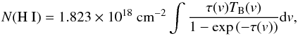 Mathematical equation: \begin{equation} N({\rm H~I}) = 1.823\times 10^{18}~\pcc \int \frac{\tau(v)T_{\rm B}(v)}{1-\exp{(-\tau(v))}} {\rm d}v, \end{equation}