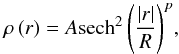 Mathematical equation: \begin{equation} \rho \left( r \right) = A \mathrm{sech}^2 \left( \frac{\vert r \vert}{R} \right)^p\! , \label{eq:modele} \end{equation}
