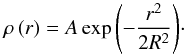 Mathematical equation: \begin{equation} \rho \left( r \right) = A \exp{\left( -\frac{r^2}{2R^2} \right)}\cdot \label{eq:modelg} \end{equation}