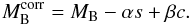 Mathematical equation: \begin{equation} M^{\rm corr}_{\rm B} = M_{\rm B} -\alpha s + \beta c. \end{equation}