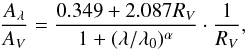 Mathematical equation: \begin{equation} \frac{A_\lambda}{A_V} = \frac{0.349+2.087R_V}{1+(\lambda/\lambda_0)^\alpha}\cdot\frac{1}{R_V}, \end{equation}