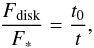 Mathematical equation: \begin{equation} \frac{F_{\rm disk}}{F_{*}} = \frac{t_0}{t},\label{cc} \end{equation}