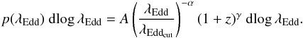 Mathematical equation: \begin{equation} \label{equ:pledd_withz} p(\lambda_{\mathrm{Edd}})~{\rm d}\!\log \lambda_{\mathrm{Edd}} = A\left(\frac{\lambda_{\mathrm{Edd}} }{\lambda_{\mathrm{Edd}_{\rm cut}}}\right)^{-\alpha}(1+z)^{\gamma}~{\rm d}\!\log \lambda_{\mathrm{Edd}}. \end{equation}