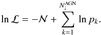Mathematical equation: \begin{equation} \ln \mathcal{L}= -\mathcal{N} + \sum_{k=1}^{N_i^\mathrm{AGN}} \ln p_k. \label{equ:logll} \end{equation}