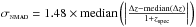 Mathematical equation: \hbox{$\sigma_\textsc{nmad} = 1.48 \times \mathrm{median}\left( \left| \frac{\Delta z-\mathrm{median}(\Delta z)}{1+z_{\rm spec}} \right| \right)$}