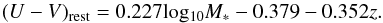 Mathematical equation: \begin{equation} \label{Eqa:uv_nocor} (U - V)_\mathrm{rest} = 0.227 \mathrm{log_{10}}M_{*} -0.379 - 0.352z.\\ \end{equation}