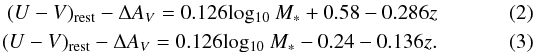 Mathematical equation: \begin{eqnarray} \label{Eqa:uv_cor} (U - V)_\mathrm{rest} - \Delta A_{V} = 0.126 \mathrm{log_{10}}~M_{*} +0.58 - 0.286z\\ (U - V)_\mathrm{rest} - \Delta A_{V} = 0.126 \mathrm{log_{10}}~M_{*} - 0.24 - 0.136z. \end{eqnarray}