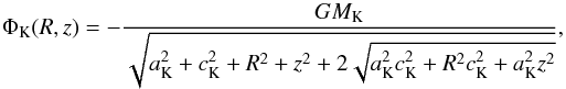 Mathematical equation: \begin{equation} \Phi_\textrm{K}(R, z) = -\frac{G M_\textrm{K}}{\sqrt{a_\textrm{K}^2 + c_\textrm{K}^2 + R^2 + z^2 + 2\sqrt{a_\textrm{K}^2 c_\textrm{K}^2 + R^2 c_\textrm{K}^2 + a_\textrm{K}^2 z^2}}}, \end{equation}
