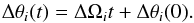 Mathematical equation: \begin{equation} \Delta \theta_i(t) = \Delta \Omega_i t + \Delta \theta_i(0). \end{equation}