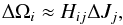 Mathematical equation: \begin{equation} \Delta \Omega_i \approx H_{ij} \Delta J_j, \label{eq4:delta_omega_ch4} \end{equation}