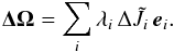 Mathematical equation: \begin{equation} \vec{\Delta\Omega} = \sum_i \lambda_i\, \Delta \tilde{J}_i \, \vec{e}_i. \end{equation}