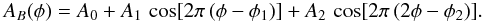 Mathematical equation: \begin{eqnarray} &&A_B(\phi)=A_0+A_1\,\cos[2\pi\,(\phi-\phi_1)] +A_2\,\cos[2\pi\,(2\phi-\phi_2)]. \label{eq:fit2} \end{eqnarray}