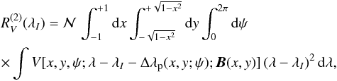 Mathematical equation: \appendix \setcounter{section}{3} \begin{eqnarray} &&\R{2}{V}={\cal N}\,\intxy\int_0^{2\pi}{\rm d}\psi\nonumber\\ &&\times\int V[x,y,\psi;\llo-\dlp;\Hvec(x,y)]\,(\llo)^2\,{\rm d}\lambda,\nonumber\\ \label{eq:R2Va} \end{eqnarray}