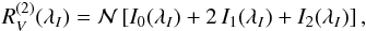 Mathematical equation: \appendix \setcounter{section}{3} \begin{equation} \R{2}{V}={\cal N}\left[I_0(\lambda_I)+2\,I_1(\lambda_I)+I_2(\lambda_I)\right], \label{eq:R2Vb} \end{equation}