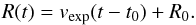 Mathematical equation: \begin{equation} R(t) = v_{\mathrm{exp}}(t-t_0) + R_0. \label{eq:radius} \end{equation}