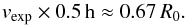 Mathematical equation: \begin{equation} v_{\mathrm{exp}}\times0.5\,\mathrm{h}\approx0.67\,R_0. \end{equation}