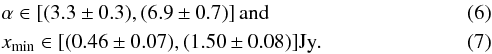 Mathematical equation: \begin{eqnarray} &&\alpha \in [(3.3\pm0.3),(6.9\pm0.7)]\,\mathrm{and}\\ &&x_{\mathrm{min}} \in [(0.46\pm0.07),(1.50\pm0.08)]\mathrm{Jy}. \end{eqnarray}