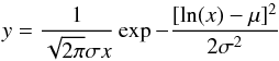 Mathematical equation: \appendix \setcounter{section}{1} \begin{equation} {y}=\frac{1}{\sqrt{2\pi}\sigma x}\exp{-\frac{[\ln(x)-\mu]^2}{2\sigma^2}} \end{equation}