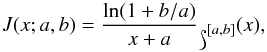 Mathematical equation: \appendix \setcounter{section}{1} \begin{equation} \label{eq:Jeffrey1} J(x ; a,b) = \frac{\ln(1 + b/a)}{x + a} \mathds{1}_{[a,b]}(x), \end{equation}