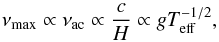 Mathematical equation: \begin{equation} \nu_\mathrm{max} \propto \nu_\mathrm{ac} \propto \frac{c}{H} \propto g T_\mathrm{eff}^{-1/2}, \label{scale_numax} \end{equation}