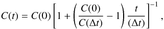 Mathematical equation: \begin{equation} \label{eq:14} C(t)=C(0)\left[1+\left(\frac{C(0)}{C(\Delta t)}-1\right)\frac{t}{(\Delta t)}\right]^{-1}, \end{equation}