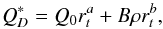 Mathematical equation: \begin{equation} \label{eq:2} Q^{*}_{D}=Q_{0}r_{t}^{a}+B \rho r_{t}^{b}, \end{equation}