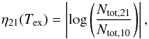Mathematical equation: \begin{equation} \eta_{21}(T_{\rm ex}) =\left| \log{ \left( \frac{N_{\rm tot,21}}{N_{\rm tot,10}}\right) }\right|, \label{eq:eta21} \end{equation}