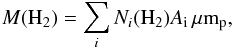 Mathematical equation: \begin{equation} M({\rm H_2}) = \sum_{i} N_i{(\rm H_2}) A_{\rm i} \, \rm \mu m_{\rm p}, \end{equation}