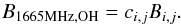 Mathematical equation: \begin{equation} B_\mathrm{1665{MHz}, OH}=c_{i,j} B_{i,j}. \label{eq:convert_b} \end{equation}