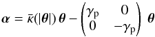 Mathematical equation: \begin{equation} \avec = \kbar (|\tvec|) \, \tvec - \begin{pmatrix} \gp & 0 \\ 0 & -\gp \end{pmatrix} \ \tvec \label{eq:quadlens} \end{equation}
