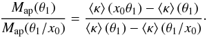 Mathematical equation: \begin{equation} \frac{M_{\rm ap}(\theta_1)}{M_{\rm ap}(\theta_1/x_0)} =\frac{\ave{\kappa}(x_0 \theta_1)-\ave{\kappa}(\theta_1)}{\ave{\kappa}(\theta_1)-\ave{\kappa}(\theta_1/x_0)}\cdot \end{equation}