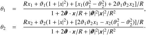 Mathematical equation: \appendix \setcounter{section}{1} \begin{eqnarray} \theta_1&=&\frac{R x_1+\vt_1(1+|x|^2)+[x_1(\vt_1^2-\vt_2^2)+2\vt_1\vt_2x_2]/R} {1+2\vc\vt\cdot\vc x/R+|\vc\vt|^2 |\vc x|^2/R^2}, \nonumber \\ \theta_2&=&\frac{R x_2+\vt_2(1+|x|^2)+[2\vt_1\vt_2 x_1 - x_2(\vt_1^2-\vt_2^2)]/R} {1+2\vc\vt\cdot\vc x/R+|\vc\vt|^2 |\vc x|^2/R^2}\cdot \end{eqnarray}
