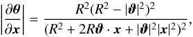 Mathematical equation: \appendix \setcounter{section}{1} \begin{equation} \abs{ \frac{\partial \vc\theta}{\partial \vc x}} =\frac{R^2 (R^2-|\vc\vt|^2)^2}{(R^2+2 R \vc\vt\cdot\vc x+|\vc\vt|^2 |\vc x|^2)^2}, \end{equation}