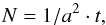 Mathematical equation: \begin{equation} N = 1/a^2 \cdot t , \end{equation}