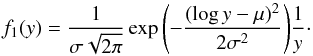 Mathematical equation: \begin{equation} \label{lneq} f_{1}(y) = \frac{1}{\sigma\sqrt{2\pi}}\exp{\left(-\frac{(\log y - \mu)^2}{2\sigma^2}\right)}\frac{1}{y} \cdot \end{equation}
